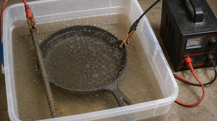 Illustration of a cast iron skillet undergoing electrolysis rust removal