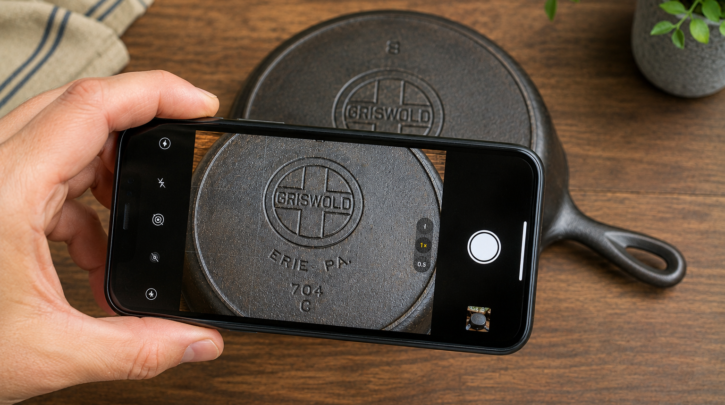 Illustration of photographing a cast iron skillet's mark for a detailed online listing