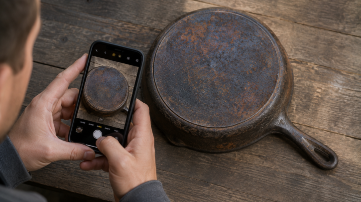 Illustration of photographing and documenting a cast iron piece before any restoration begins