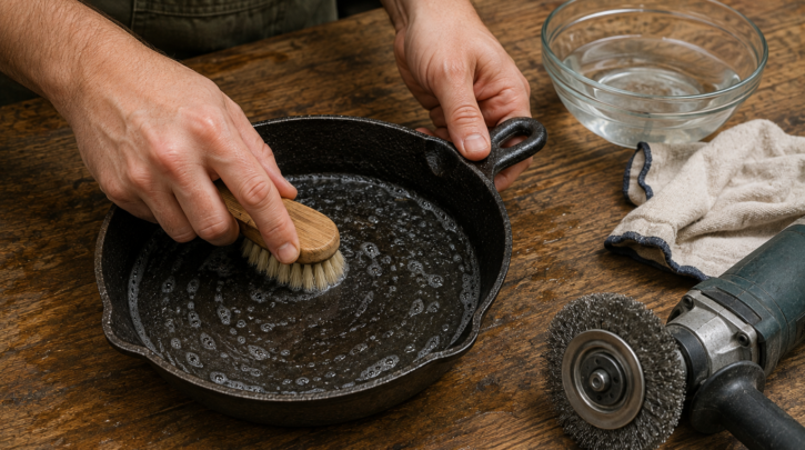 Illustration contrasting gentle hand restoration with a set-aside aggressive wire wheel tool