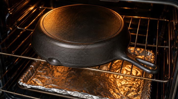 Illustration of a cast iron skillet being seasoned upside down in an oven