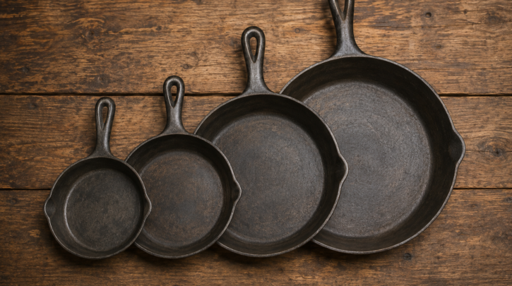 Illustration comparing graduated sizes of vintage cast iron skillets
