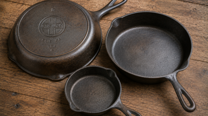 Illustration representing the factors — maker, size, condition — that determine cast iron value