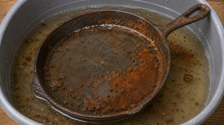 Illustration of a rusty cast iron skillet soaking in a vinegar solution