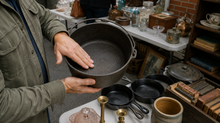 Illustration of inspecting a heavy cast iron piece by hand at an estate sale