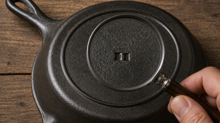Illustration of closely inspecting a gate mark to authenticate a Griswold piece