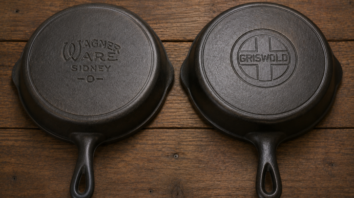 Illustration comparing two vintage cast iron skillets of similar quality