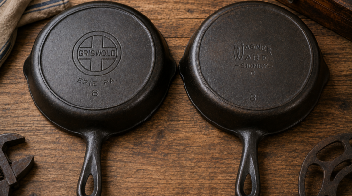 Illustration comparing a Griswold skillet and a Wagner skillet side by side