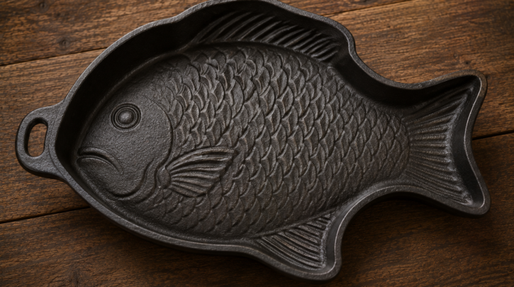 Illustration of a discontinued Lodge fish-shaped novelty cast iron pan