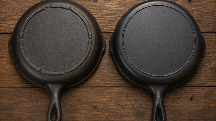 Illustration comparing an older notched Lodge heat ring against a smoother modern one