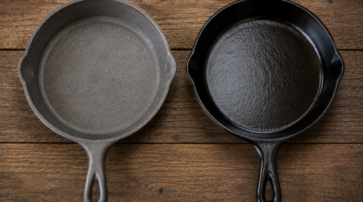 Illustration comparing an older raw-cast Lodge skillet against a newer factory pre-seasoned one