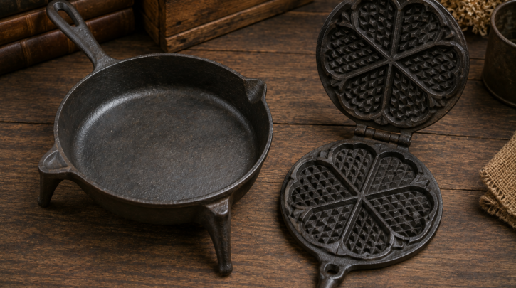 Illustration of rare cast iron forms: a spider skillet and an unusual waffle iron